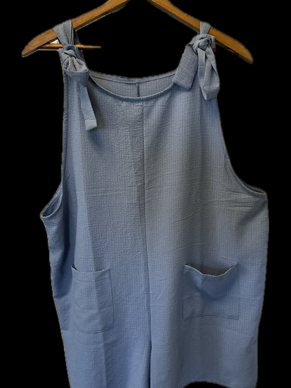 Source Unknown Light Blue Textured Tie-Shoulder Jumpsuit Romper